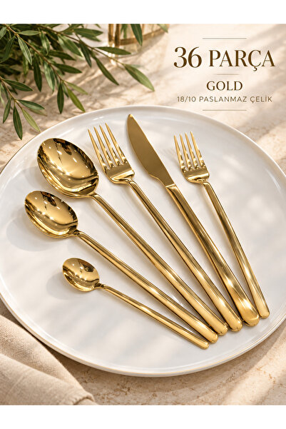 Onedekor 36 Piece Allegra Fork Spoon Knife Set Titanium Gold