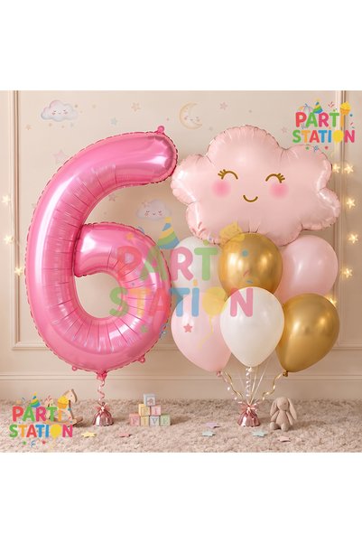 Parti Station Pink Cloud Rainbow 6th Birthday Balloon Party Balloon Set