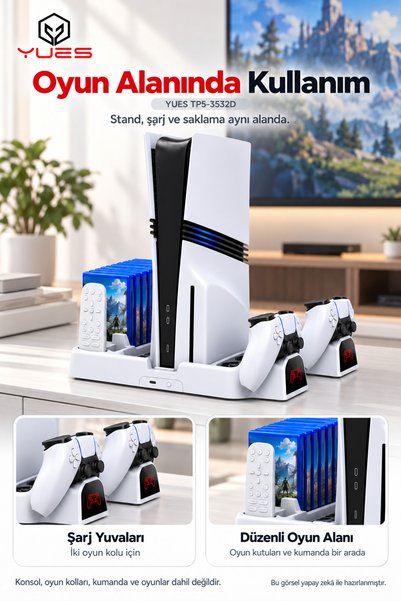 YUES PS5, PS5 Slim ve PS5 Pro Uyumlu Fanlı Soğutucu Dikey Stand Çift Kol Şarj İstasyonu Beyaz