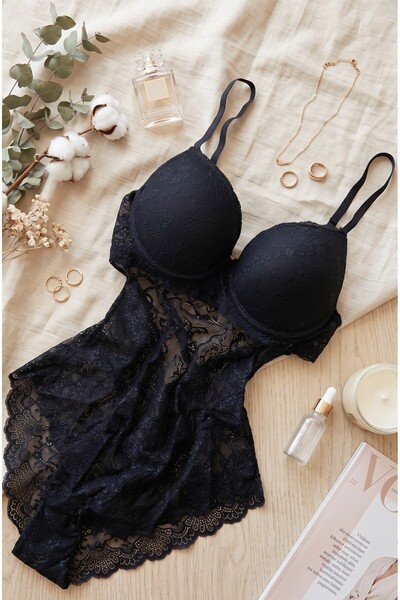 FNC design Kadın Siyah Destekli Balenli Dantelli Büstiyer Bodysuit