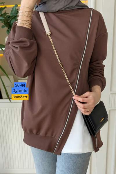 Mogi Butik Women's 2 Thread Combed Cotton Zipper Detailed Asymmetrical Cut Hi...