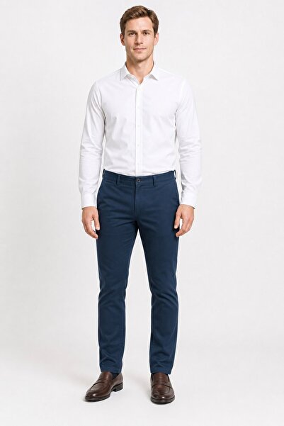 İmza Navy Blue Side Pocket Straight Leg Dobby Slim Fit Cotton Pack Chino Trou...