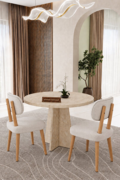UZMHOME 90 x 90 Traverten 2 Sandalyeli Yuvarlak Masa Takımı Salon Takımı