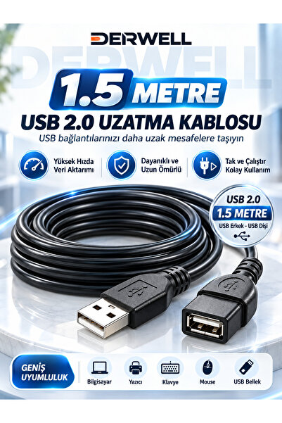 Derwell 1.5 Metre USB 2.0 Uzatma Kablosu Dişi Erkek Yüksek Hızlı Veri Aktarımı Dayanıklı Tak Çalıştır Bilgisayar Laptop Yazıcı Klavye Mouse Kamera Oyun Konsolu Uyumlu Çok Amaçlı Siyah Çoklu Kablo