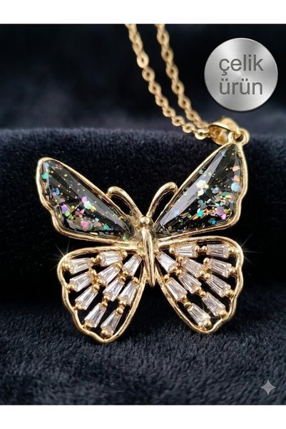 NAS fashion Women's Stone Detailed Butterfly Model Steel Necklace Does Not Ta...