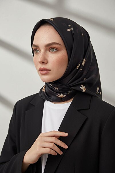 Vissona Rayon Çıtır Çiçek Desenli Siyah Renkli 90x90 Eşarp (İpek İçermez) Ken...