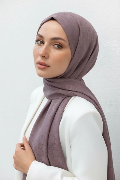 Vissona %57 İPEK %43 PAMUK Monogram Desenli Gül Kurusu Renkli Şal - 70x190 Di...