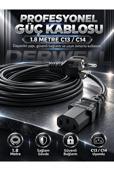 Derwell 1.8 Metre 1.8mt Power Güç Kablosu C13 3pinli Monitör Bilgisayar PSU T...