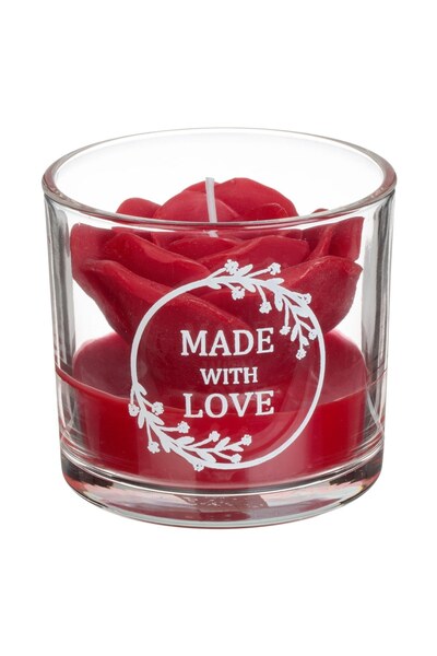 OEM Lumanare Trandafir Rosu in Pahar Alb cu Mesaj "Made with Love" Ø8x7cm