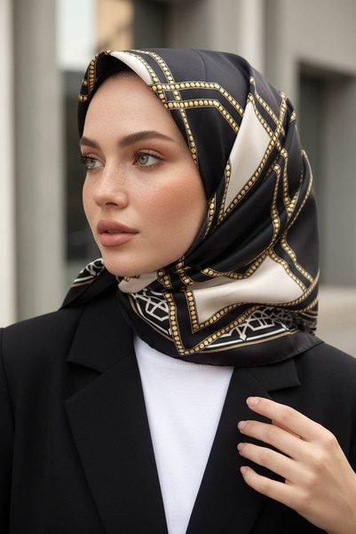VİOLLA Twill Osmanlı Çini Desenli Füme Renkli 90x90 Eşarp (İpek İçermez)Kenar...