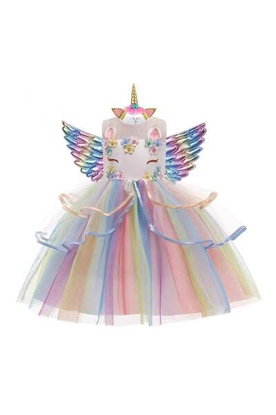 SOLLUXE Rochie prințesă Unicorn pentru fetițe, cu aripi si bentiță, alb/multi...