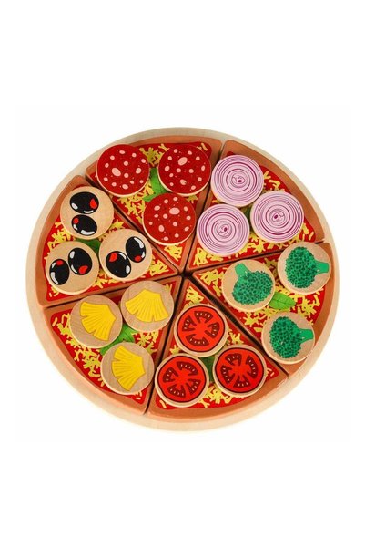 SOLLUXE Set pizza din lemn pentru copii cu ingrediente velcro, farfurie si ac...