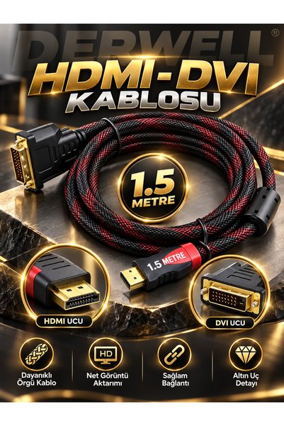 Derwell 1.5 Metre 1.5mt Hdmi To Dvi 24+1 Çift Yönlü Full HD 1080P Çevirici Dö...