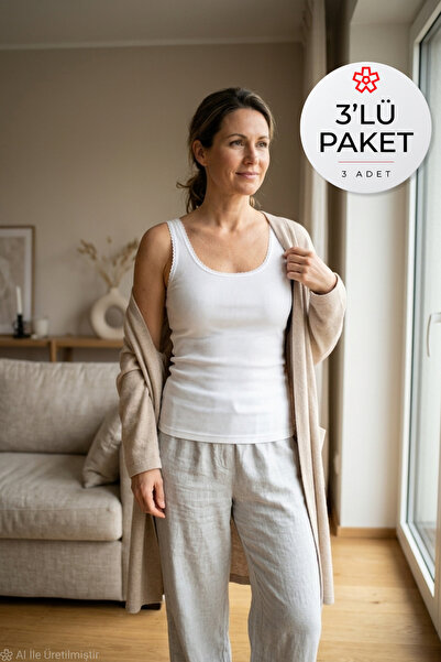 YILDIZ Kaşkorse Geniş Askılı Kadın Atlet Beyaz %100 Pamuk 3'lü Paket
