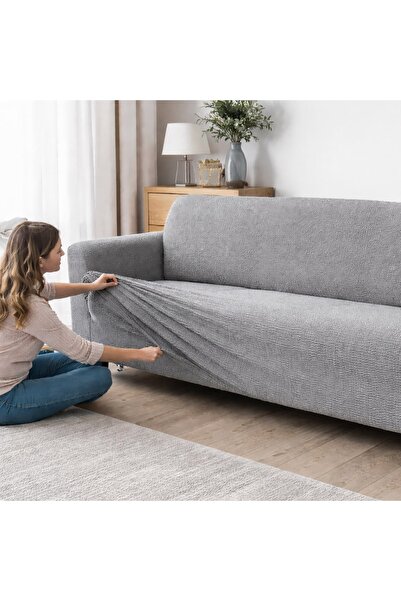 OEM Husa elastica canapea 3 locuri 170-220cm gri cu brate