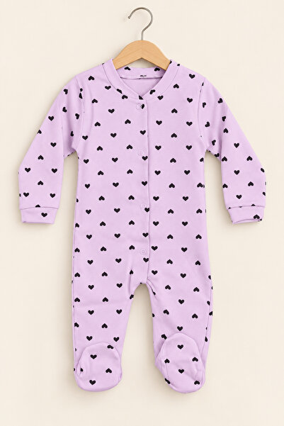 Lindakids Kalp Desenli Lila %100 Pamuk Patikli Kız Bebek Tulum