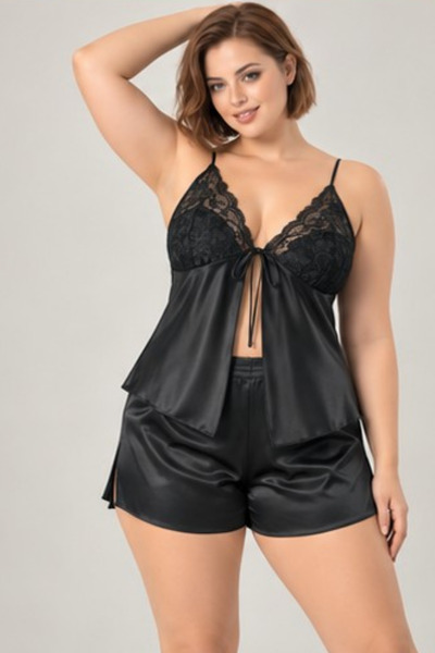 Pearlune Women's Black Plus Size Front Tie Lace Satin Shorts Nightgown Set 2 Piece