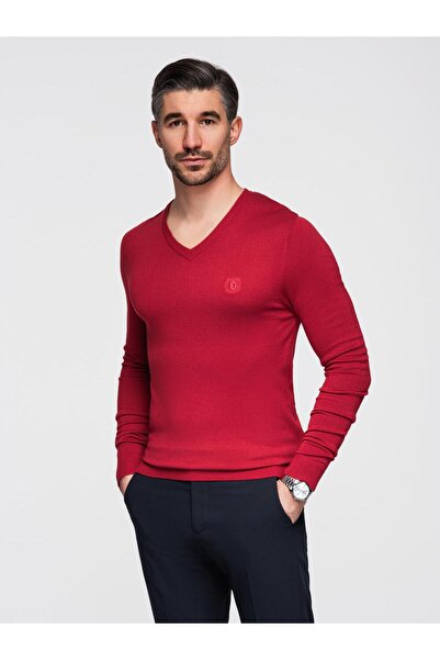 OMBRE Pulover elegant de bărbați, cu decolteu în V, BASIC, cu viscoză, roșu O...