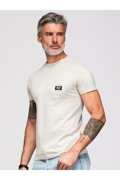 OMBRE Tricou casual bărbătesc cu buzunar aplicat, crem OM-TSCT-0109