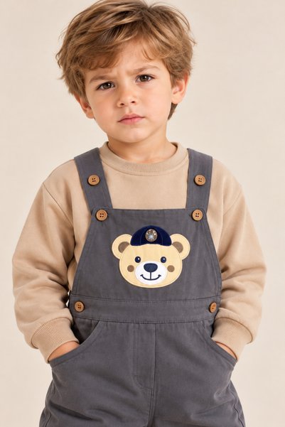NOTA KİDS Boy's Teddy Bear Embroidered Gabardine Salopet Set – 2-Piece Set with Long Sleeve Sweatshirt