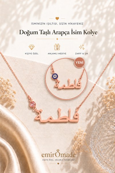 emirOmade 925 Ayar Gümüş Kişiye Özel Doğum Taşlı Arapça İsimli Kolye Rose Ren...