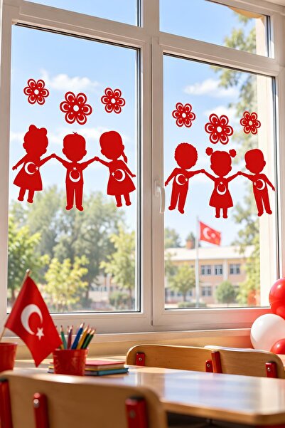 Patladı Gitti April 23 Themed Children Holding Hands Window Decoration