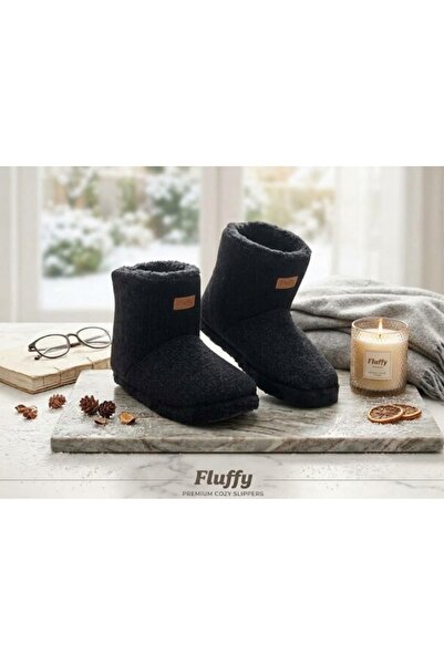 fluffy Men's Home Boots - Plush Knitwear Inside, Thick and Non-Slip Sole - Black