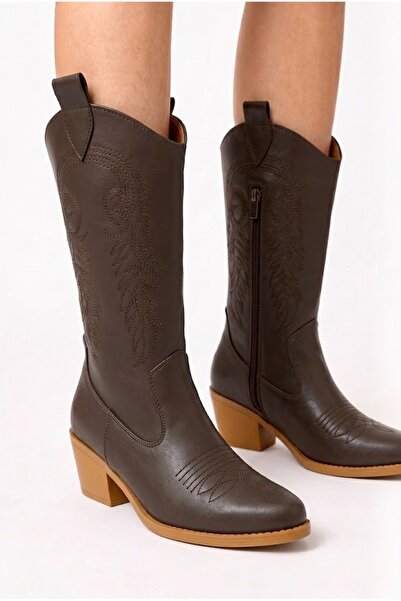 DefHeel'e Matte Leather Embroidered Zipper Detailed Western Cowboy Boots Ligh...