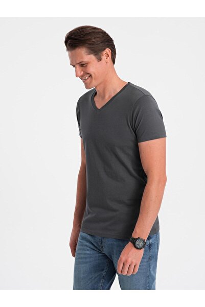 OMBRE Tricou clasic de bumbac BASIC pentru bărbați, cu guler rotund, grafit O...