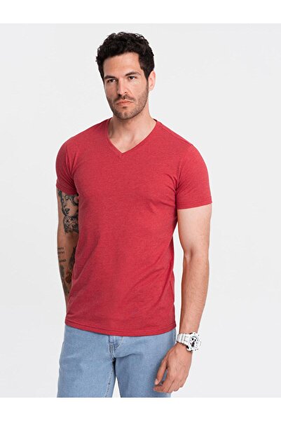 OMBRE Tricou clasic de bumbac BASIC pentru bărbați, cu guler rotund, roșu mel...