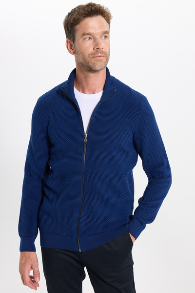 Tudors Cardigan pentru bărbați, cu model, cu guler scurt, cu fermoar, albastru