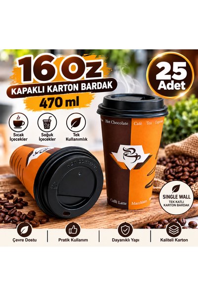 maycup 16 Oz Kapaklı Karton Bardak 25 Adet Karışık Desen
