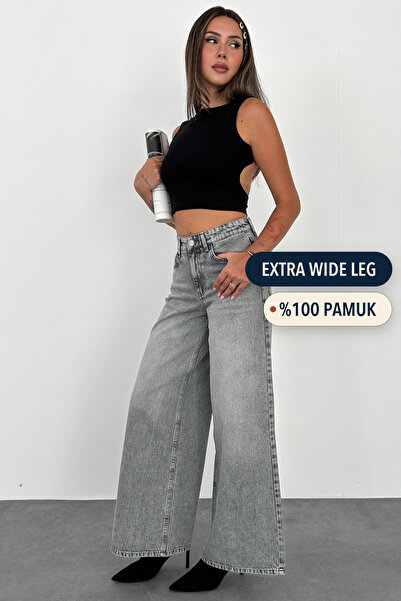 HLT JEANS Blugi gri Snow pentru femei, cu picior larg, 100% bumbac, cu talie ...