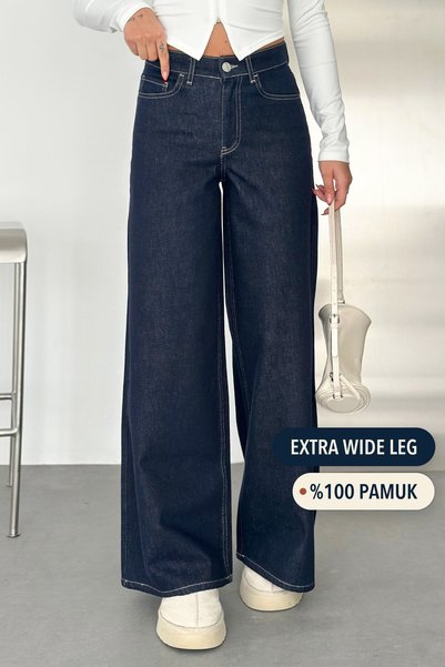 HLT JEANS Kadın Kot Mavisi Raw Denim Extra Wide Leg Yüksek Bel %100 Pamuk Jea...