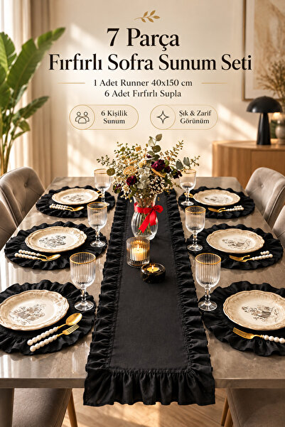 Morlay 7 Piece Ruffled Black Tableware Presentation Set 6 Pieces Placemat + 1...