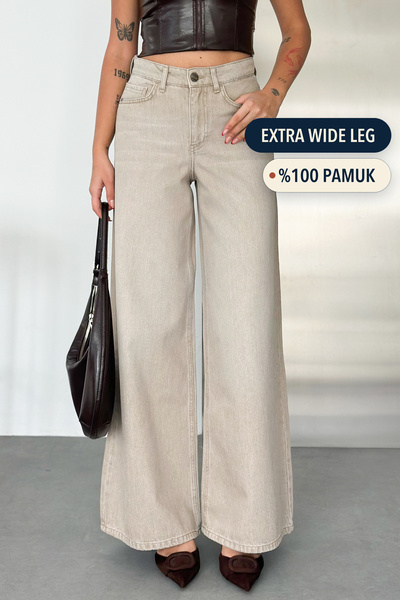 HLT JEANS Bej Kadın Extra Wide Leg Jean %100 Pamuklu Yüksek Bel Kot Pantolon ...