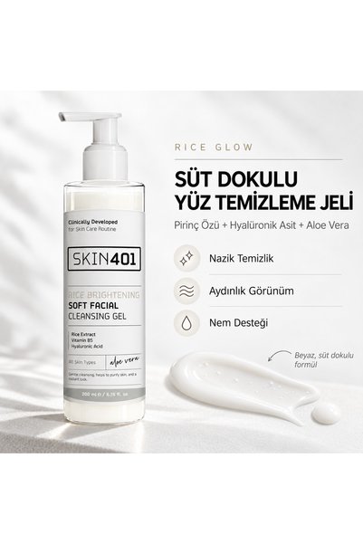 Skin401 Rice Glow Milky Milk Textured Rice Extract Facial Cleansing Gel 200 ml – Hyaluronic Acid, Brightening and Moisture-Boosting Gentle Cleansing