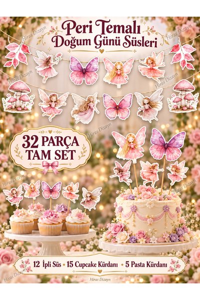 Hiras Dizayn 32Pcs Fairy Girl Butterfly Speech Bubble Banner Cake Topper Cupc...