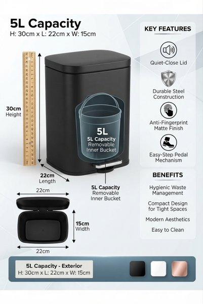 Trust Pro Trust Stainless Steel Modern Step Trash Bin 5L (30H x 22L x 15W cm) Black Anti-Fingerprint & Soft Close Lid with Removable Inner Bucket