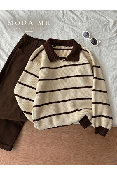 moda mh Women's Selanik Knitted Polo Collar Striped Oversize Style Sweater