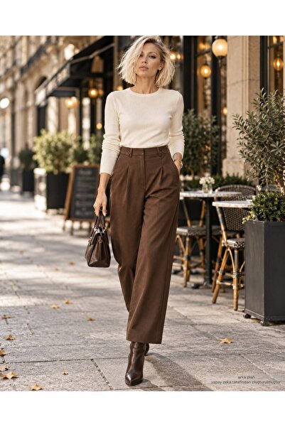 ibeeka Pantaloni Mocha Signature cu talie înaltă, croială largă, stil urban, ...
