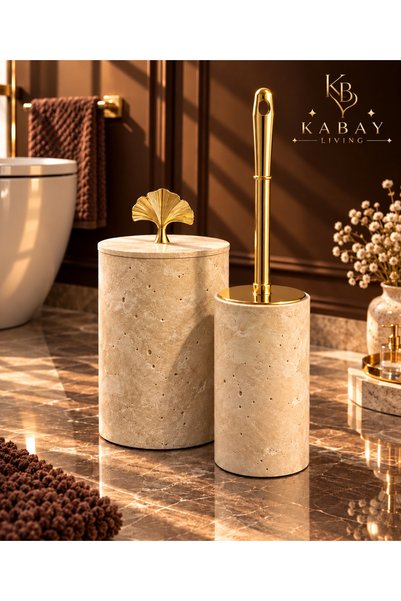Doğal Traverten Mermer 2 Parça Banyo Seti Gold Detaylı Çöp Kovası ve Tuvalet Fırçalığı
