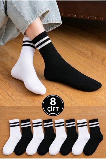 KZS Collection 8 Çift Siyah Beyaz Çizgili Tenis Kolej Çorabı – 4 Çift Siyah 4...