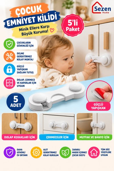 SEZEN HOME 5’li Yapışkanlı Çocuk Dolap ve Çekmece Kilidi Beyaz Bebek Emniyet ...