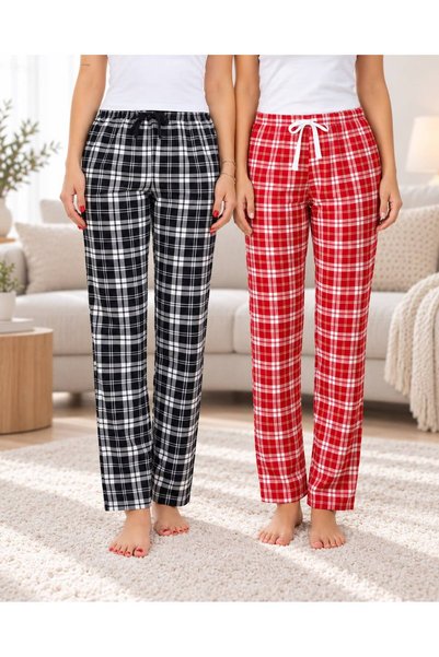 FOR MYSELF 2 Pieces Plaid Women's Suede Winter Elastic Comfortable Pajama Bottoms 2 Pieces