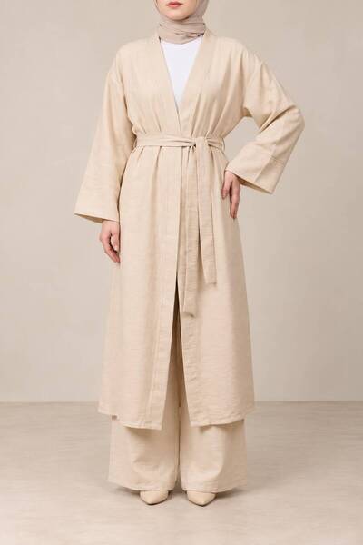 EdaStil Uzun Pantolonlu Cepli Keten Tunik kimono Takım