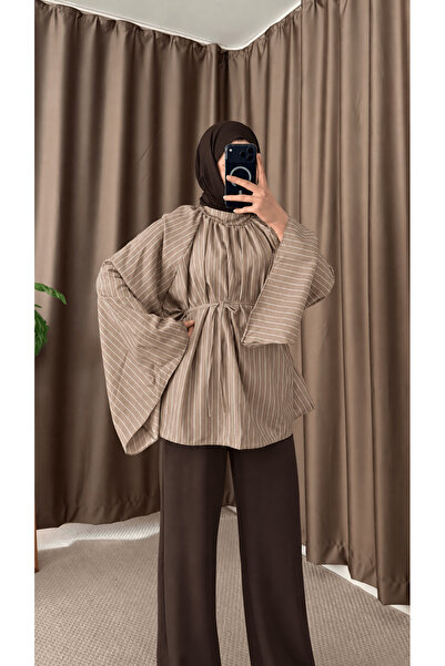 Hepsi Moda İspanyol Kol İnce Çizgili Oversize Tunik Hpm - Vizon