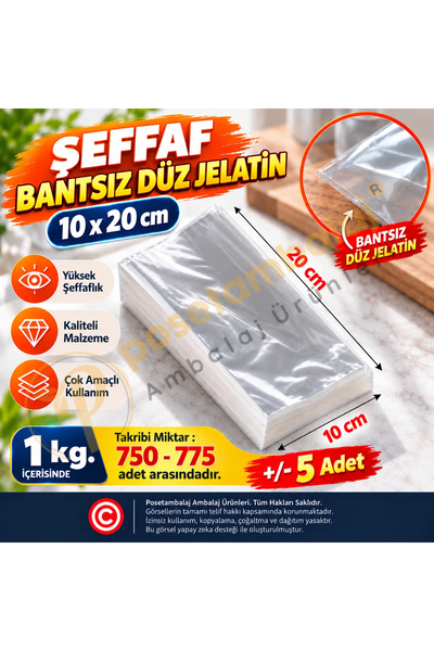 CarpCorn 10x20 cm Jelatin Bantsız Düz Şeffaf Poşet / 1 kg.
