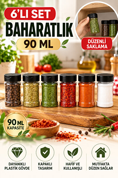 Open Home Concept 6’lı Dayanıklı Plastik Baharatlık Seti – Şeffaf Gövde, Siya...