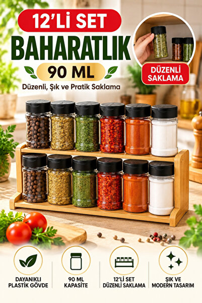 Open Home Concept 12’li Dayanıklı Plastik Baharatlık Seti – Şeffaf Gövde, Siy...